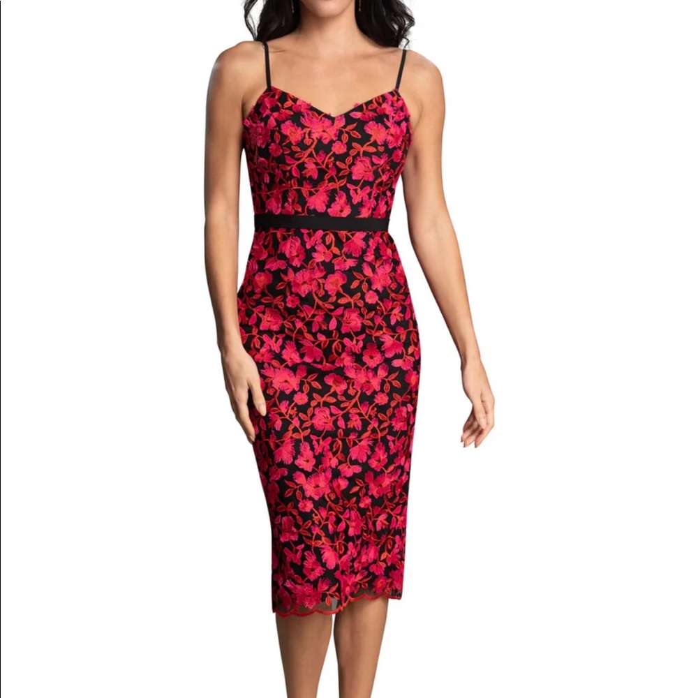 Dress the Population Red and Black Floral Midi Dress